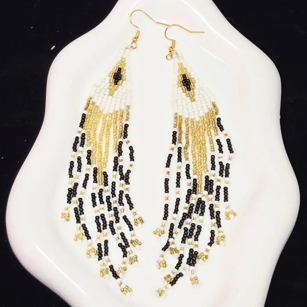 White Gold Black Glass Seed Beaded Fringe Earrings – Long Geometric Statement